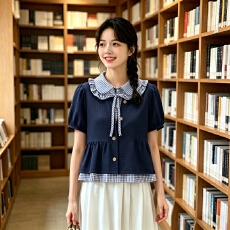 批发2026年洋气假两件针织拼接格子娃娃衫蝴蝶结百搭气质简单休闲衬衫