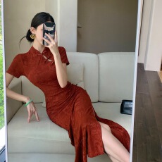 批发实拍新中式<b class='q'>复古</b>改良旗袍气质修身显瘦中长裙开叉包臀连衣裙