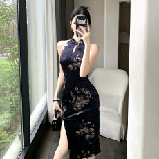 批发中国风改良走秀旗袍金丝绒连衣裙新款气质礼服模特舞台演出旗袍女