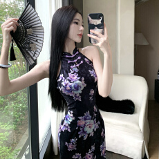 批发实拍2026新款新中式国风改良旗袍<b class='q'>连衣裙</b>丝绒无袖性感开叉<b class='q'>夜店</b>裙子