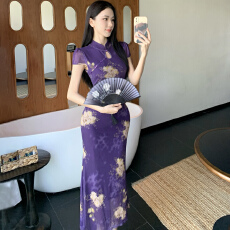 批发实拍民国风新中式紫色网纱旗袍夏季新款显瘦百搭碎花弹力连衣裙子