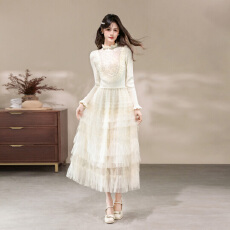 批发法式轻奢名媛重工亮片绣珠收腰网纱蓬蓬连衣裙女显瘦气质优雅长裙