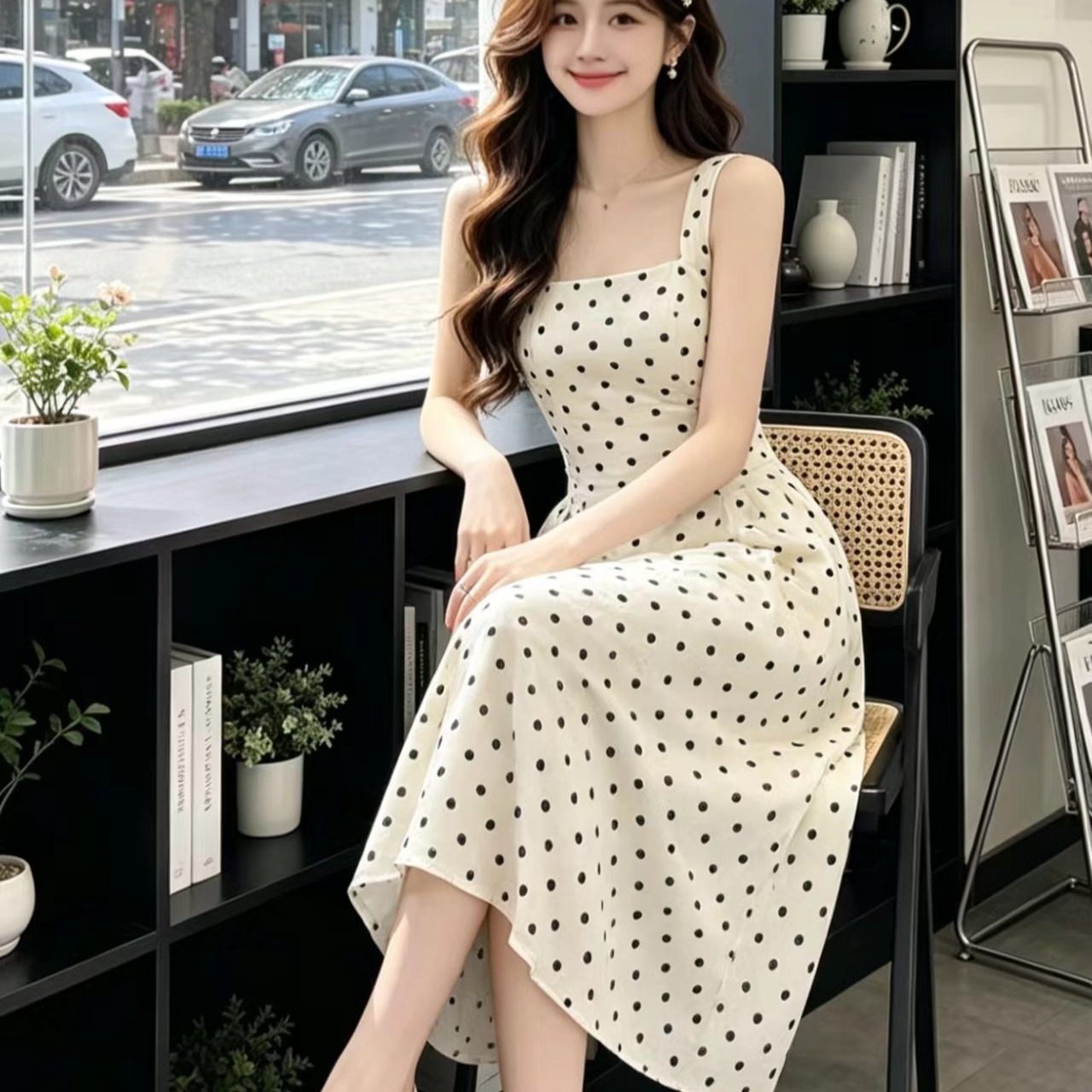 游园 앨리스 그는 벤 바람 도트 무늬 슬립 드레스 여성 봄 여름 프랑스식 레트로 몸매 가꾸기 드레스