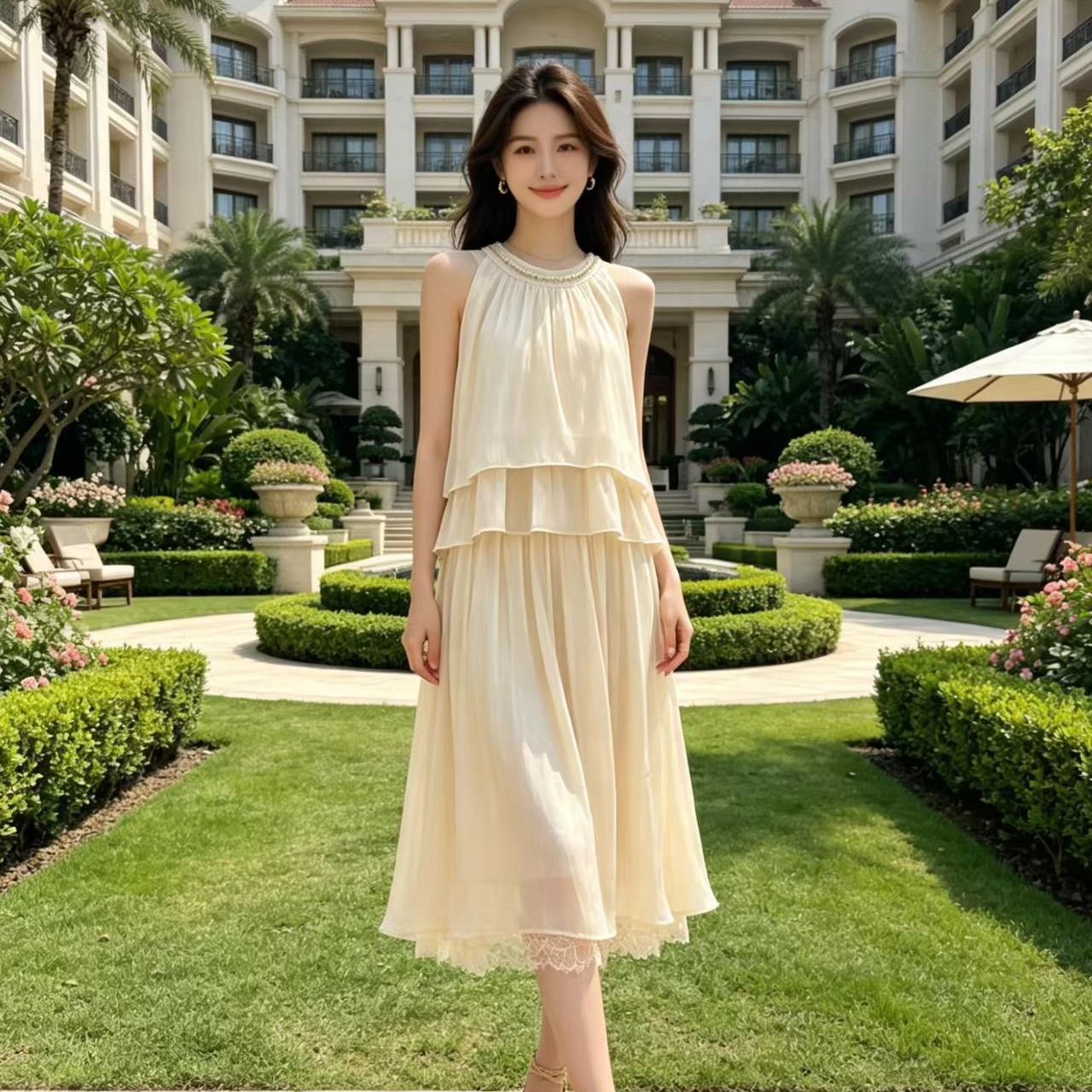 해변가 휴가 착용 가져 가라. 해변 드레스 프랑스식 천 골드 센스 품격 비즈 박기 행침 목 깃발 맨위 플러스 반신 치마 세트