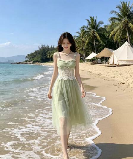 프랑스식 아름다운 슈퍼 요정 녹색 슬립 여성 드레스 여름 꼬집기 허리 슬림해 보이는 해변가 휴가 바람 망사 롱 스커트