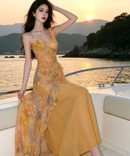 익사 세 물고기 nssy 해변가 휴가 황색 여성 드레스 여름 밝은 예술 건강 착용 가져 가라. 쉬폰 슬립 롱 스커트