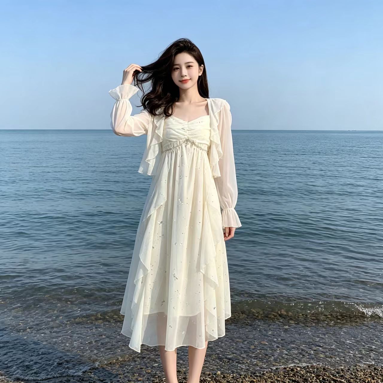 프랑스식 해변가 휴가 드레스 여름 프랑스식 새로운 달콤함 한국 스타일 슬립 절묘한 패션 허리 수축 투피스 세트
