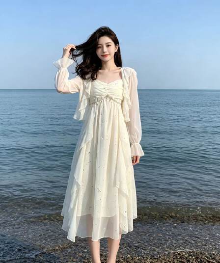 프랑스식 해변가 휴가 드레스 여름 프랑스식 새로운 달콤함 한국 스타일 슬립 절묘한 패션 허리 수축 투피스 세트