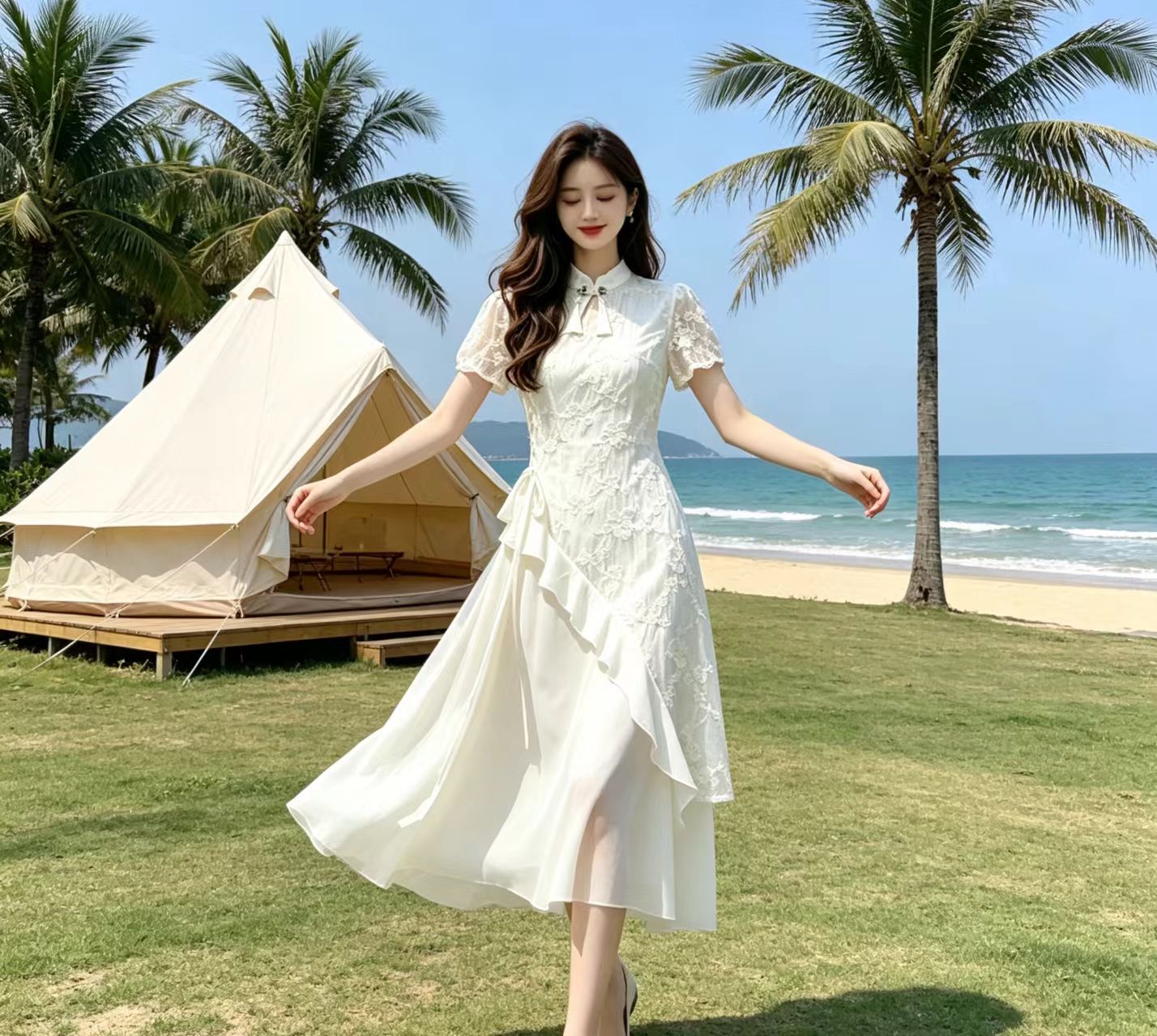 해변가 휴가 불규칙 연꽃 잎 패치워크 드레스 고급 여름 몸매 가꾸기 개선 치파오 새로운 중식 드레스