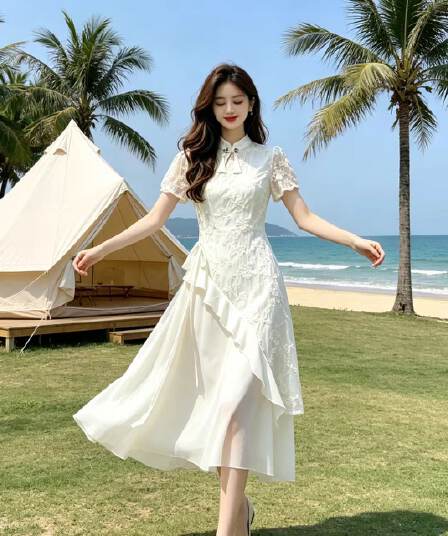 해변가 휴가 불규칙 연꽃 잎 패치워크 드레스 고급 여름 몸매 가꾸기 개선 치파오 새로운 중식 드레스