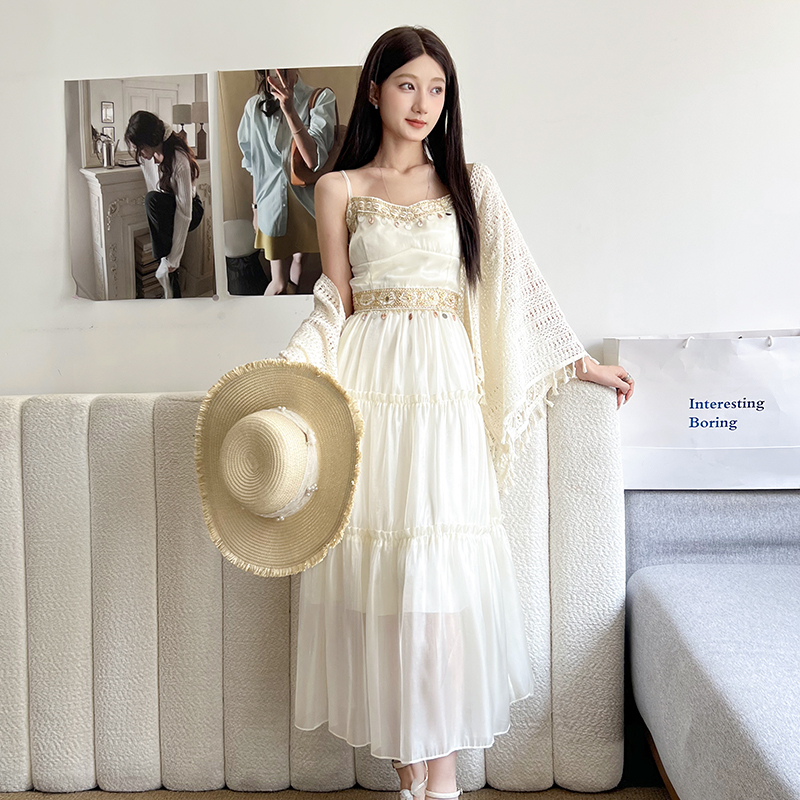 실사 프랑스식 휴가 세트 여성 홀로우 아웃 숄 전체 집합 ootd 착용 가져 가라. 여름 새로운 자이언트 잘 생긴 드레스