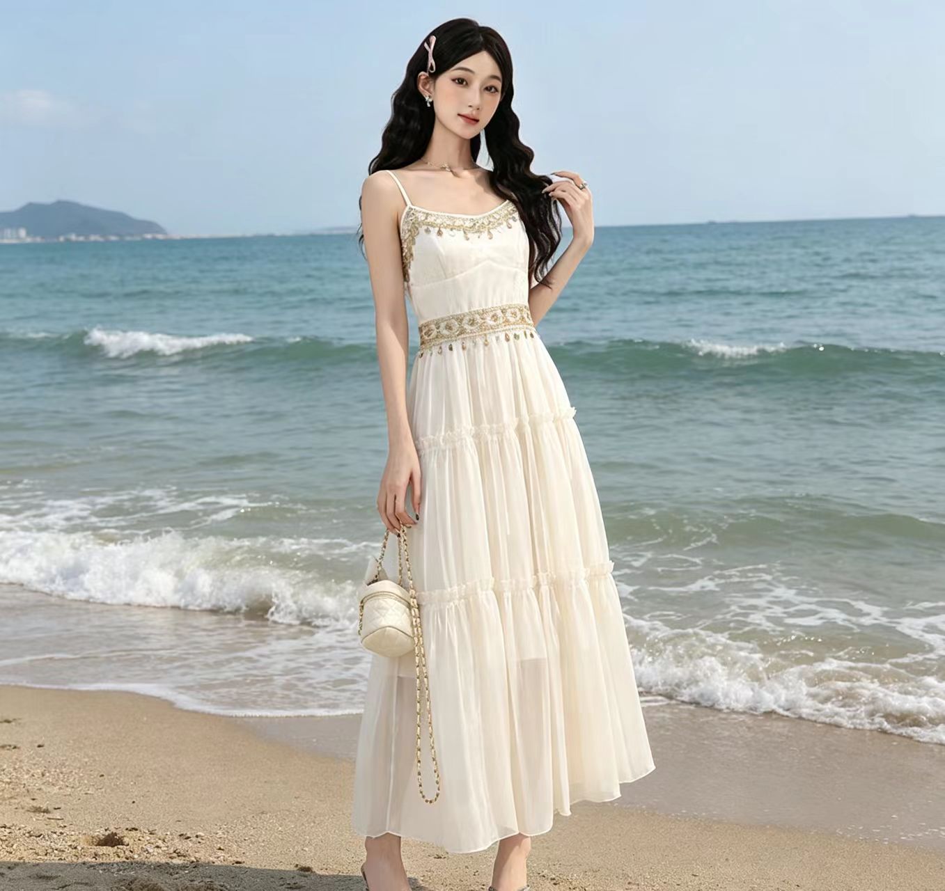 해변가 휴가 보헤미안 바람 슬립 드레스 오픈 가디건 투피스 세트 고유 한 아름다운 길다 치마 2026 여름