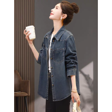 批发蓝色牛仔衬衫女款2026春装新款宽松中长款叠穿休闲polo领衬衣外套