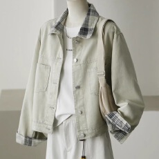 批发2026拼接时尚牛仔百搭翻领休闲外套宽松春季新款短款潮流夹克上衣