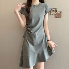 批发实拍大码韩版休闲抽绳飞飞袖不规则<b class='q'>连衣裙</b>女胖mm<b class='q'>修身</b>显瘦A字短裙