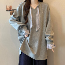 批发实拍大码遮肚慵懒风系带V领长袖卫衣女秋季胖mm宽松显瘦正肩上衣
