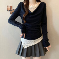 批发实拍大码胖mm法式温柔风假两件蕾丝拼接荡领正肩长袖T恤针织衫女