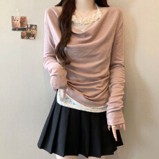 批发实拍大码胖mm法式温柔风假两件蕾丝拼接荡领正肩长袖T恤针织衫女