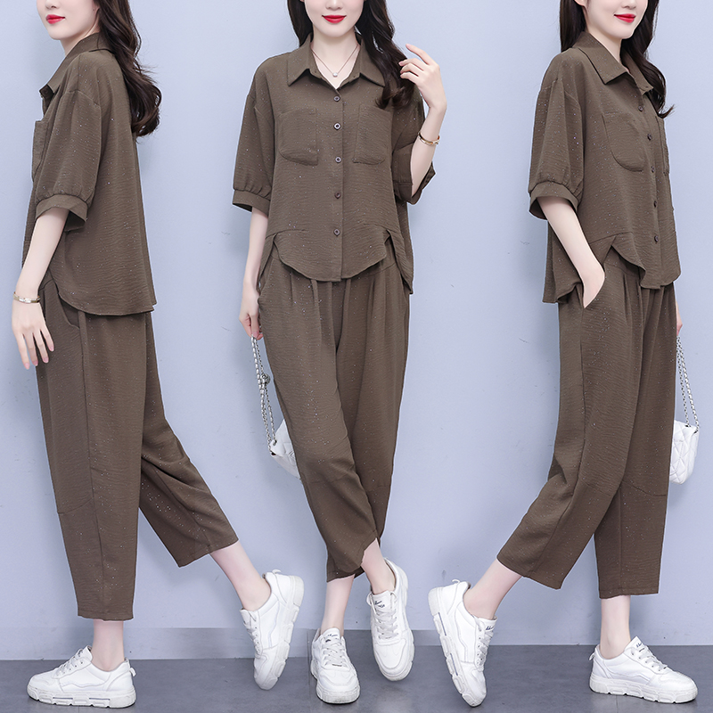 RY2021# 实拍2026年夏季新款洋气套装胖MM时尚细闪衬衫宽松显瘦减...