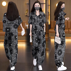 批发实拍2026年洋气大码女装套装胖MM印花时尚宽松显瘦<b class='q'>哈伦裤</b>两件套