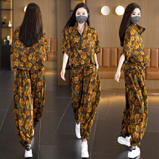 批发实拍2026年洋气大码女装套装胖MM印花时尚宽松显瘦<b class='q'>哈伦裤</b>两件套