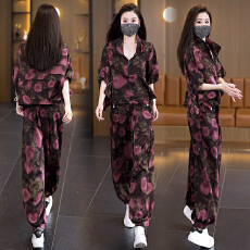 批发实拍2026年洋气大码女装套装胖MM印花时尚宽松显瘦<b class='q'>哈伦裤</b>两件套