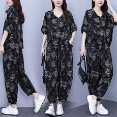 批发实拍2026年洋气大码<b class='q'>女装</b>套装胖MM印花时尚宽松显瘦<b class='q'>哈伦裤</b>两件套