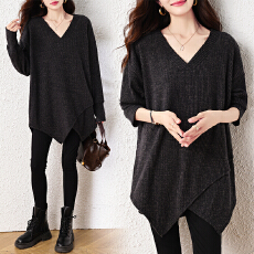 批发高级感V领长袖T恤2026年春季大码胖mm女装洋气宽松中长款遮肚上衣