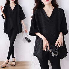 批发高级感V领长袖T恤2026年<b class='q'>夏</b>季大码胖mm女装洋气宽松中长款遮肚上衣