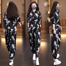 批发实拍2026年洋气大码女装<b class='q'>套装</b>胖MM印花时尚宽松显瘦<b class='q'>哈伦裤</b>两件套