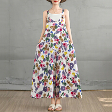 批发实拍宽松休闲V领背带裤女2025夏复古<b class='q'>碎花</b>显瘦气质宽松阔腿<b class='q'>连体裤</b>