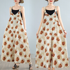 批发实拍宽松休闲V领背带裤女2025夏复古<b class='q'>碎花</b>显瘦气质宽松阔腿<b class='q'>连体裤</b>