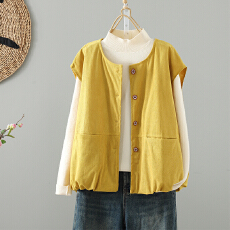 批发实拍 日系复古黄色灯芯绒马甲外套女秋冬叠穿宽松坎肩外搭马夹