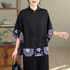 批发实拍香云纱中式上衣国风盘扣小衫女洋气夏季新款妈妈<b class='q'>时尚</b>套装