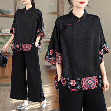 批发实拍香云纱中式上衣国风盘扣小衫女洋气夏季新款妈妈<b class='q'>时尚</b>套装