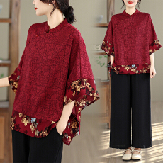 批发实拍香云纱中式上衣国风盘扣小衫女洋气夏季新款妈妈<b class='q'>时尚</b>套装