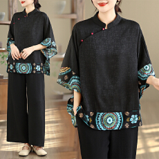 批发实拍香云纱中式上衣国风盘扣小衫女洋气夏季新款妈妈<b class='q'>时尚</b>套装