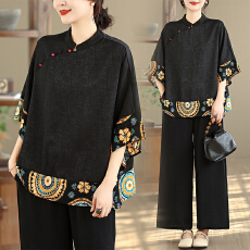 批发实拍香云纱中式上衣国风盘扣小衫女洋气夏季新款妈妈<b class='q'>时尚</b>套装