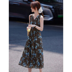 批发蓝衫咖啡·<b class='q'>连衣裙</b><b class='q'>棉布</b>撞色印花 精致大方背心裙女