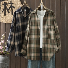 批发实拍大码2026新品女装宽松长袖休闲百搭<b class='q'>格子</b>单排扣<b class='q'>衬衣</b>