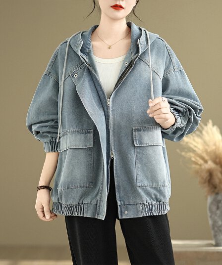 실사 빅 사이즈 슬림해 보이는 연령 감소 루즈핏 후드 데님 셔츠 여성 코트