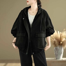 批发实拍大码显瘦减龄宽松连帽牛仔衬衣外套女