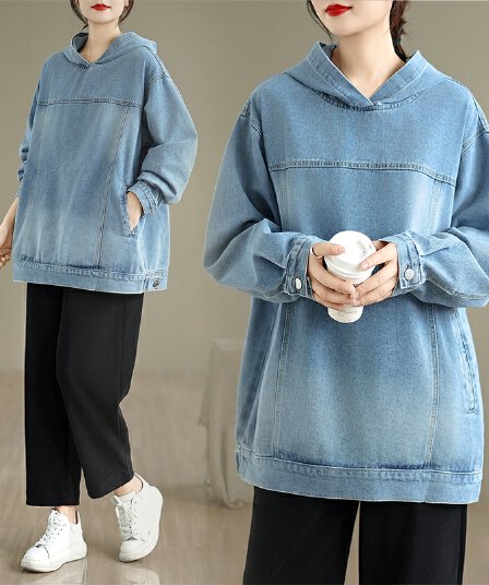 실사 빅 사이즈 슬림해 보이는 연령 감소 루즈핏 데님 후드 티 스웨터 여성 코트
