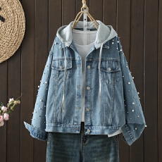 批发实拍大码显瘦减龄宽松连帽牛仔衬衣外套女