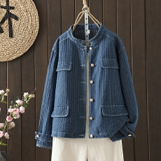 批发实拍大码显瘦减龄宽松立领牛仔外套女