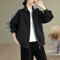 批发实拍大码韩系chic减龄气质立领三条杠短款牛仔外套女