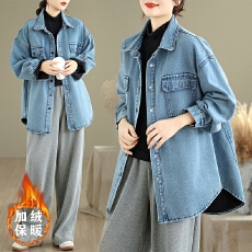 批发实拍大码显瘦减龄宽松加绒加厚<b class='q'>牛仔</b><b class='q'>衬衣</b>外套女