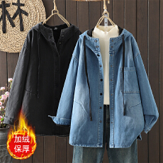 批发实拍大码显瘦减龄宽松加绒加厚牛仔衬<b class='q'>衣外套</b>女
