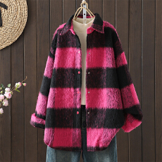 批发实拍韩版休闲百搭显瘦宽松毛呢格纹拉绒<b class='q'>格子衬衫</b>港味外套