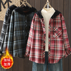 批发实拍复古港味加厚连帽撞色连帽格子加绒衬衫外套